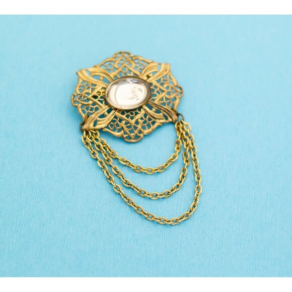 Vintage Gold Tone Unique Chained Brooch by Western Germany - N2 - Picture 1 of 2